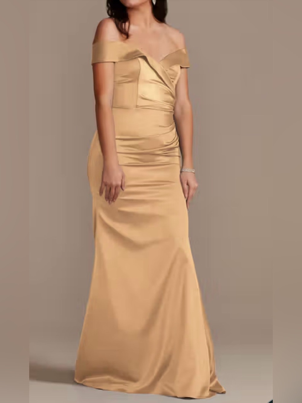 Galina Signature Satin Off-the-Shoulder Mermaid Dress in Champagne Gold size 12